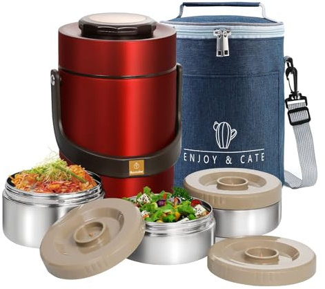 AUSAULAC Large Capacity 3500ml Adults Stainless Steel Vacuum Insulated Wide Mouth Food Hot Food Jar with Keep Thermal Portable 3 Tier Stackable Bento Hot Food Containers Lunch Boxes (Red)