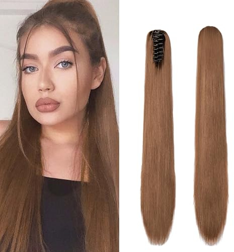 Gairyan 60 cm hästsvans hårstycke fläta förlängningar lång slät klämma claw clip in ponytail Extensions syntetiskt hårförlängningar rak hårdel hårförlängning för kvinnor (guldbrun)