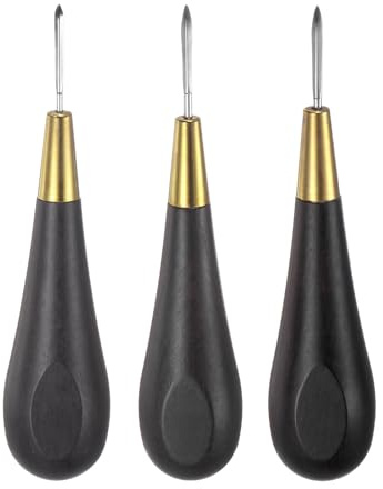 sourcing map Handwork Sewing Awl Set 3-5mm Rhombus Curved Taper Stitch Leather Punch Hole Kit Tool with Wooden Handle Scratch for Leather Craft Drilling Stitching Repair and DIY Handmade, Black