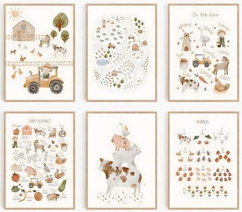 6 Stück Bauernhof Kinderzimmer Leinwand Wanddekoration Einfaches Alphabet Niedliche Tiere Bilder Drucke Poster für Bauernhaus Kinderzimmer Mädchen Jungen Heimdekoration (20,3 x 25,4 cm, 6 Stück | Ungerahmt, einfaches Alphabet, niedliche Tierbilder, Bauernhaus-Dekoration