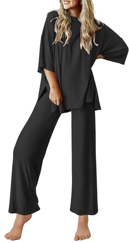 Ekouaer Lounge Sets for Women Short Sleeve Tops and Long Pants Soft Comfy Pajamas Set 2 Piece Outfits,Black,S