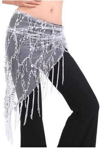 YMYGCC Cinturón Danza del Vientre Mujer Disfraces Borlas Cinturón de Danza del Vientre Cadena de Cintura Falda de Bailarina Bufanda de Cadera 664(White)