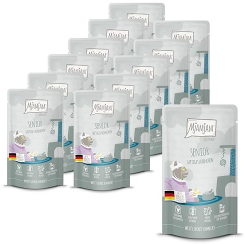 MjAMjAM - Comida húmeda Premium para Gatos - Quetschie - Senior - Pollo jugoso, envase de 12 (12x125g), sin Cereales