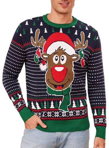 Leversic Ful jultröja herr, ful jultröja, renar, snöflingor, rolig jultröja, varm stickad tröja för män, Marinblå, L