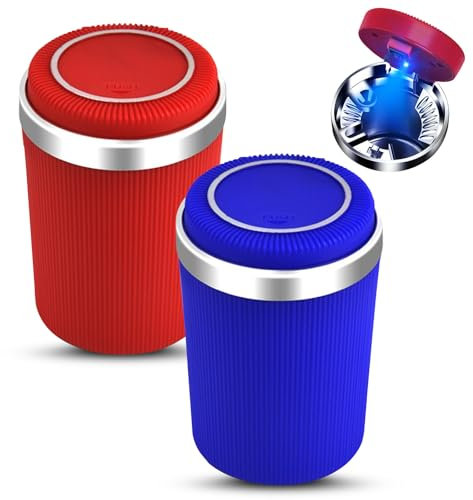 Chingde Aschenbecher Auto, Aschenbecher mit Deckel, Automatisches LED-Licht, Flammhemmend, Versiegelt, Abnehmbar, Hochtemperaturbeständig, Großem Fassungsvermögen (2 Stück)