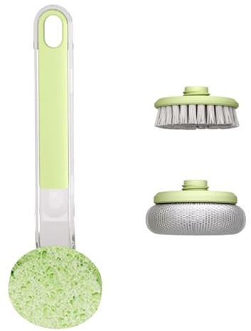 Cepillo de cocina con mango largo, cepillo de limpieza de sartenes – Estropaplatos con 3 cabezales intercambiables | Estropaplatos cepillo de cocina, estropajo de sartenes, cepillo para platos