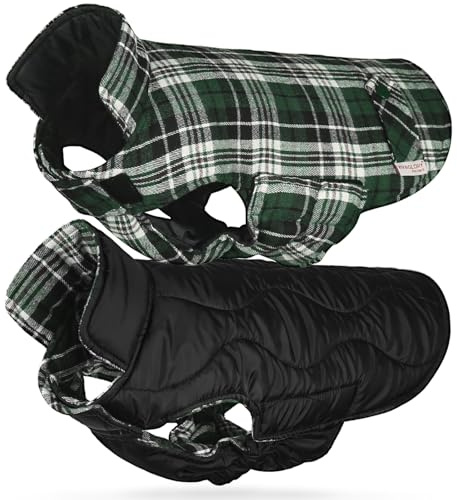 VIVAGLORY Softjoy Hundemantel, Wintermantel mit Bauchschutz, Hundejacke für Winter & Weihnachten, Warm Softshell Kariert Schnittmuster Verstellbar, S, Grün