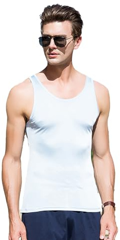 BrightGlow Débardeur en soie pour homme - Sans manches - Shapewear - Maillot de corps de sport sans manches - T-shirt de compression sans manches avec col rond - T-shirt de sport pour homme, bleu, L
