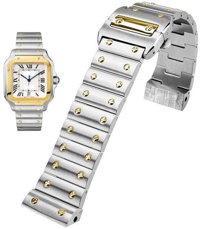 NVVVNX Massives Edelstahl-Uhrenarmband für Cartier Santos 100-Serie, Herren-Armband, 23 mm Schmetterlingsschnalle, Uhrenzubehör(Silver gold)