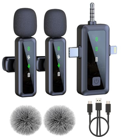 Lot de 2 microphones cravate sans fil 3 en 1 pour iPhone/Android/appareils photo (Lightning/USBC/jack 3,5 mm), mini micro cravate à écran LED avec sourdine, réverbération, réduction du bruit pour