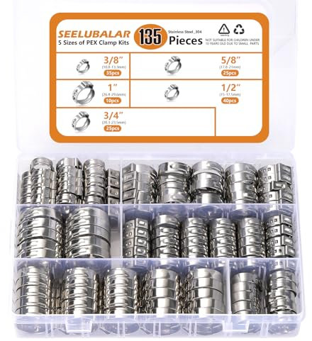 135 PCS PEX Crimp Rings Assortment,304 Stainless Steel 3/8,1/2,3/4,5/8,1 Single Ear Hose Clamps,Pex Cinch Clamps for Pex Fittings Pipe Tubing