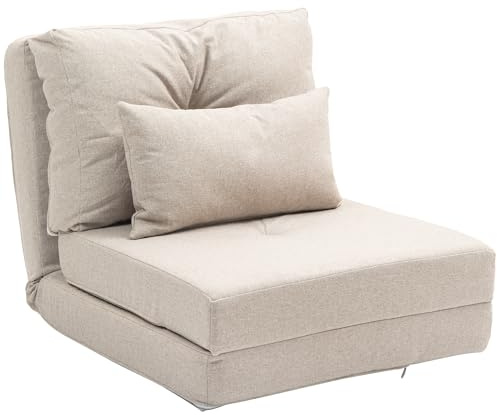 HOMCOM Sillón Convertible 1 Plaza Sillón Perezoso Cama Calefactiva 1 Plaza - Cojín Incluido, Respaldo Ajustable - Salón, Carga 120 kg, Tejido Lino Beige