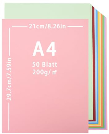 Lot de 50 papier cartonné couleur, feuilles de carton coloré 200 g/m² - Format A4-10 couleurs - 21 x 29,7 cm - Papier pour cartes - Pour bricolage, décoration créative
