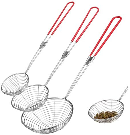 Garneck Set 3 Mestoli Schiumarola in Acciaio Inossidabile Manico in Gomma Antiscivolo, Colini Metallico Per Spaghetti e Frittura, Utensili Da Cucina Gancio Per Casa e Ristorante