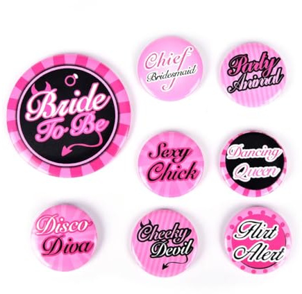 YUZNA 8 piezas Botones Equipo Novia, Accesorios JGA Mujeres, Chapas y Complementos Despedida de Soltera, Team Bride, Fiesta y Polterabend, Regalo Recuerdo para Damas Honor Amigas Familia (Rosa)
