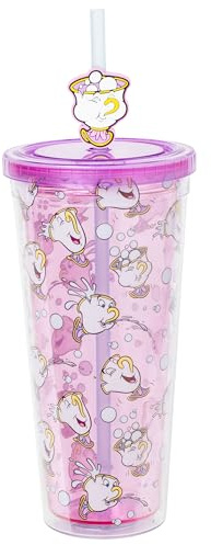 Silver Buffalo Tasse isotherme en plastique avec couvercle et paille Motif bulles La Belle et la Bête 710 ml