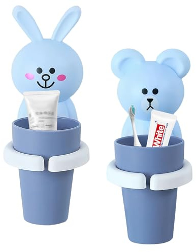 2 Stück Zahnbürstenhalter für Kinder, Zahnputzbecher kinder ohne Bohren, Cartoon Zahnbecherhalter Wandmontierter, Niedliche Tier-geformte Zahnbürstenhalter Selbstklebend Wasserdicht