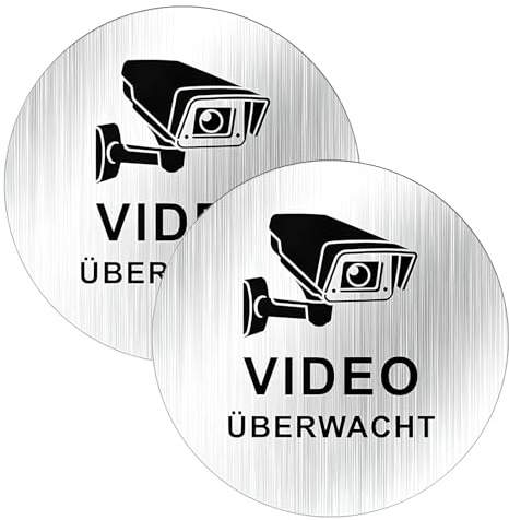2 Stück Videoüberwachung Schild Klein Selbstklebend Gebürstete Aluminiumoberfläche 10 cm Montage auf Verschiedenen Oberflächen wie Türen