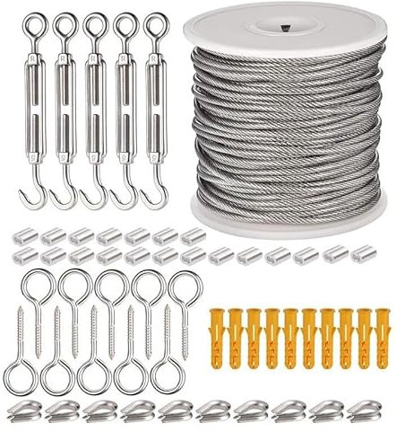 LCKKJHG Wire Rope 1 Set 15/30 M Multifunctional Wire Rope Kit Stainless Steel Cable Tent Cord Hanging Clothesline Outdoor Cable Guardrail Ropes For Curtain Rods, Clothesline, Plant Support(30m)