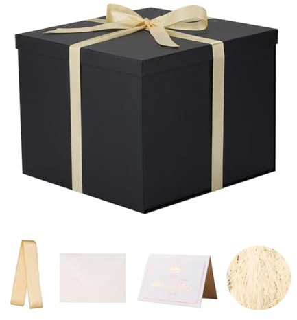 KdmNzoo Geschenkbox mit Deckel 32 x 32 x 25 cm groß xxl, Geschenkbox mit Schleifen, Grußkarten, Raffia Hamper Shreds für schwarz