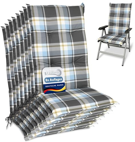 Beautissu 8er Set Hochlehner Auflagen für Gartenstühle Polster Kariert | 120x50cm 6cm dicke Polsterauflage Blau bequem rutschfest UV-Lichtecht Stuhlkissen Sitzauflage Stuhlauflagen Garten Sunny BK