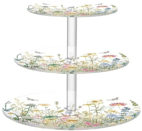 Blueangle 3-Tier Round Cupcake Stand – Colorful Herbs and Flowers Acrylic Dessert Tower, Non-Slip Tiered Dessert Stand for Baby Shower, Birthday, Wedding Party （546）