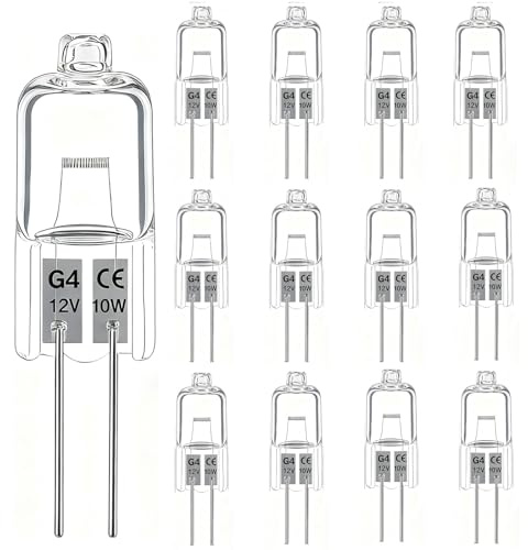 Trubuyware G4 12V 10W Halogen leuchtmittel, 12 Stück Halogen G4 10W Warmweiß 2700K, klare Kapsel 2 polige Stiftsockellampe Dimmbar für Dunstabzugshauben, Schränke, Tischlampen, Deckenleuchten