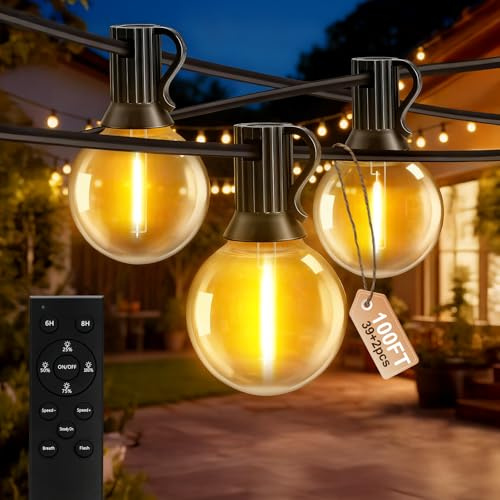 AODLEDY Outdoor String Lights, 100FT/30m 39+2 LED G40 Bulbs Garden Lights Mains Powered with Remote Control Dimmable Timer, Waterproof Festoon Light for Balcony Gazebo Patio Pergola