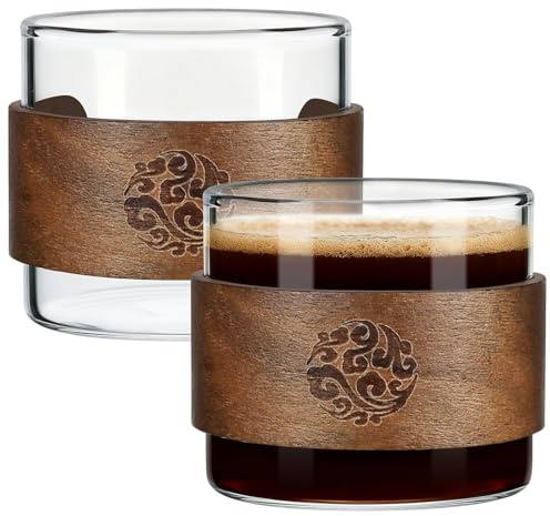 Hioph 2-Pack Glass Espresso Cups Set with Wooden Ring(Totem), High Borosilicate Clear Shot Glass,Small Espresso Mugs,Suitable for Individual Servings