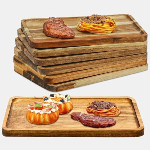 6 Pack Acacia Wood Serving Tray Rectangular Wooden Serving Platter Christmas Dinner Plates Wood Cheese Charcuterie Board for Food Vegetable, Charcuterie, Appetizer, 30x20 CM