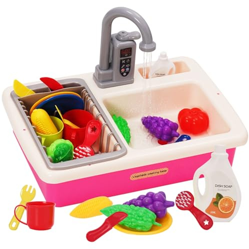 Kids Kitchen Play Sink Toy Set Pretend Role Plays Kitchen Toys Play Sinks with Running Water,PlayFood,Cutting Plays Dishwasher with Automatic Water Cycle System Pink
