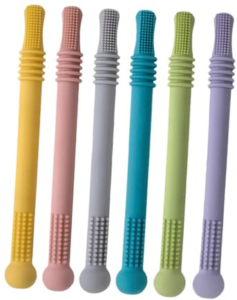 IWOWHERO 6 Stück Teiliges Silikon Beißröhrchen Molar Weiche Kauspielzeuge Sensorisches Zahnungshilfe für Junge Mädchen in Farben Rosa Gelb Lila Grün Blau Hellgrau