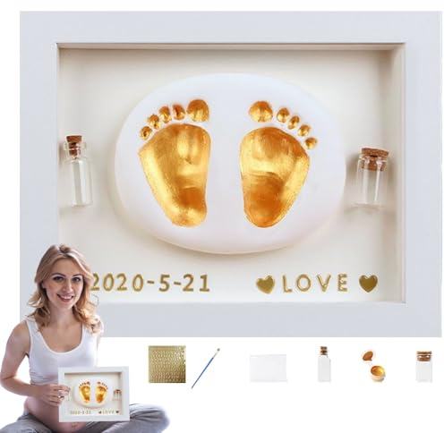 fotavtryckssats – handavtrycksram 17 x 22 x 3 cm – minnessak av trä, babyformningsset med fosterhårsuppsamlingsflaska | säker målning perfekt souvenir