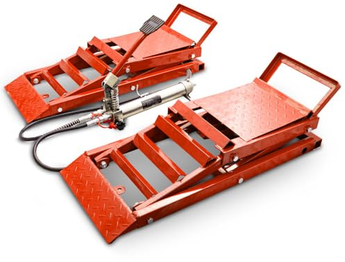 BITUXX 2 Stück hydraulik 2,7T Auto PKW KFZ Auffahrrampen Set mit Wagenheber hydraulisch Höhenverstellbar Wartungsrampe Hebebühne Rampe Auffahrrampe Auffahrbock Rot