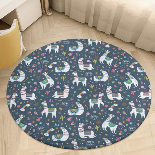 SMAZDFXX Tappeto rotondo in velluto corallo con cactus e arcobaleno, motivo: alpaca, tappeto antiscivolo per bagno, zerbino per soggiorno, camera da letto, cucina, 80 * 80 cm