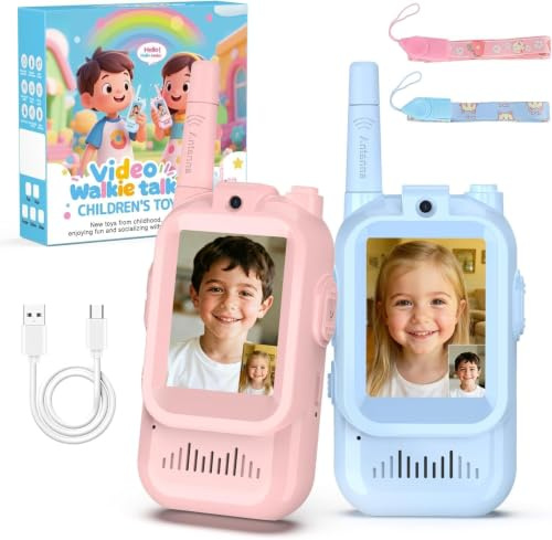 Video-Walkie-Talkies für Kinder, 2er Pack, Blau Rosa | Wiederaufladbare Gegensprechanlage mit Video, Spielzeug Drinnen Draußen, Für Camping, Wandern, Familienspiele