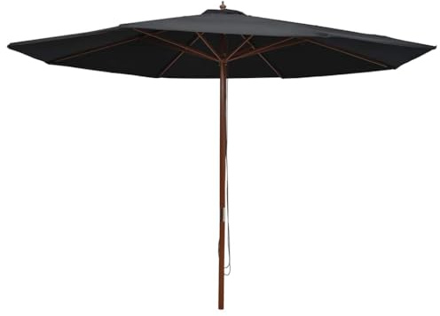 Ombrellone con asta in legno, 350 cm, nero, protezione UV, poliestere, giardino, terrazza, balcone, doppio sistema di corda, legno duro durevole