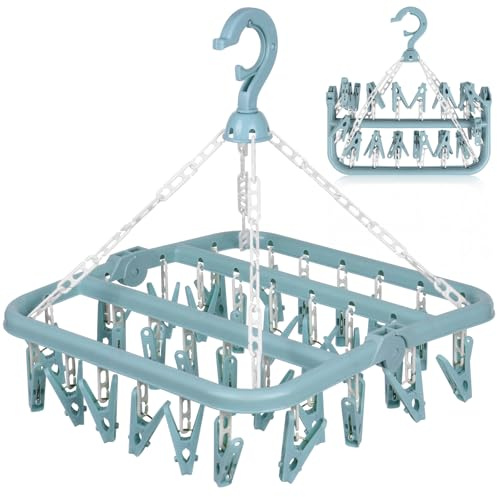 DDhayyp Clothes Drying Hanger with 32 Clips, Foldable Design Multi-Functional Sock Dryer and Rotary Wind-sock hanger for washing line, Ideal Hanger for Socks, Underwear, Bras, Baby Clothes (Blue)