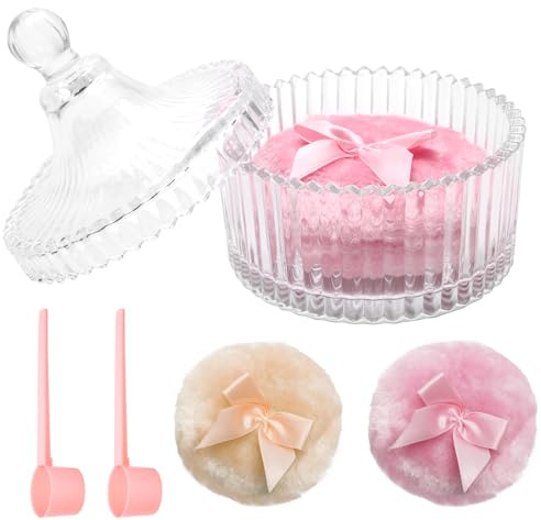 Zosutetoxo Boîte à poudre avec houppette Set en verre Houppette pour poudre corporelle Grande houppette avec 2 houppettes et cuillère Douce et moelleuse pour femmes Rose Beige