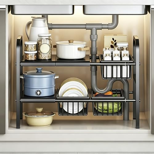 AKOZLIN Extendable Under Sink Organiser, 2-Tier, 53-88cm Wide, Black | Extendable Width, 3 Shelves & 3 Baskets, Easy Assembly