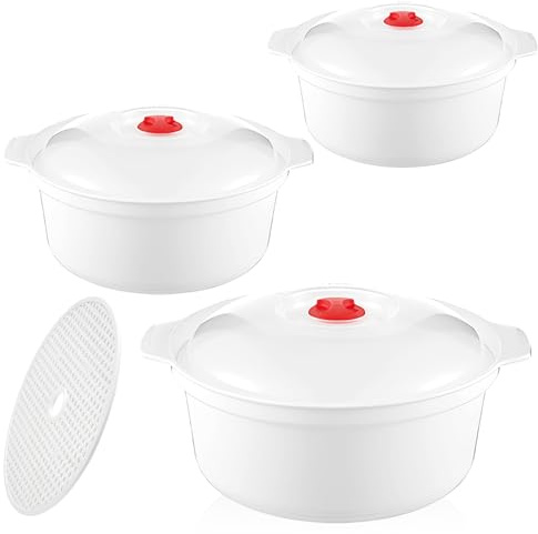 3 tlgs Weiß Mikrowellengeschirr mit Deckel, 900-2400ml Runde Mikrowellen Geschirr mit Dampfer, BPA-Freie, Stapelbar spülmaschinengeeignet, Mikrowellenschüssel, Mikrowelle Kühl- Gefrierschrank Schüssel