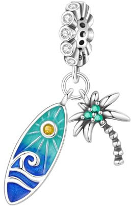 Surfbräda- och palmträdshänge, 925 sterlingsilver, blå emalj, kubiska zirkoniadetaljer, kompatibel med ormkedjearmband