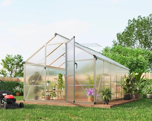 GarveeHome Stabiles begehbares Polycarbonat Gewächshaus 8x12 FT für Garten & Outdoor – Robuster Aluminiumrahmen, abschließbare Tür, Dachfenster – Ideal für Terrasse, Rasen, Pflanzenanzucht