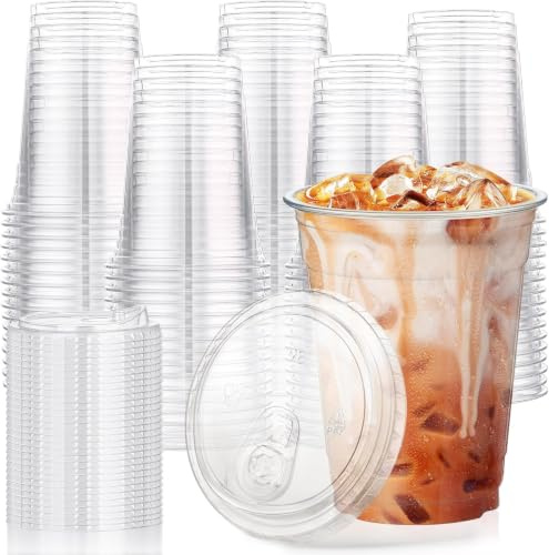 KesaPlan 50 Pack 16oz (450ml) Plastic Cups with Lids for Iced Coffee | Clear PET Cup for Iced Coffee, Smoothies, Party, Picnic, Catering and To Go