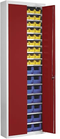 mauser | Magazinschrank mit Sichtlagerkästen | HxBxT 2150 x 680 x 280 mm | zweifarbig | Korpus grau | Türen rot | 82 Kästen