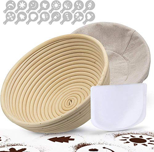 Gärkörbchen rund Ø 25 cm TGetWorth Gärkörbchen rund 1kg, inklusive Teigschneider Teigschaber, Gratis Liner, Teigmesser,16 Stück Brot Dekor Schablonen für Home Baker & Brotherstellung