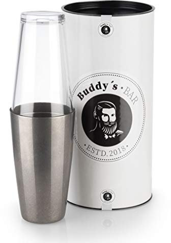 Buddy´s Bar - Boston Shaker, 700 ml Becher + 400 ml Glas, lebensmittelecht, Edler Cocktailshaker inklusive Geschenkbox, Edelstahl antik