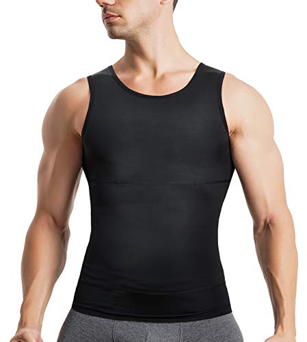 Bingrong Kompressionströja för män, undertröjor, formkläder, mage, väg, undertröja för män, sport, tanktopp, finribbad muskelskjorta, figurformande kroppsformare, svart, S