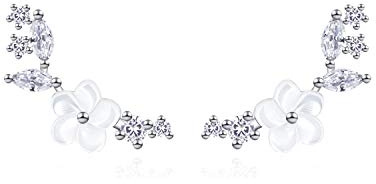 QUKE 925 Sterling Silver Cubic Zirconia Plum Ear Vine Climber Earrings | Sparkling Crystal, Cute Flower Wrap Ear Crawler Earrings, Versatile Wear, Ideal Birthdays Valentines Christmas Gift for Women