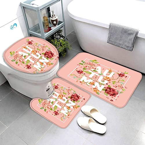 AOLIGL Badezimmermatte Set Halloween 3D Drucken Herbst Rosa Teppich Badezimmer Badgarnitur 3teilig Mikrofaser Bath mat U-förmigen Contour Matte- WC Vorleger 40 x60